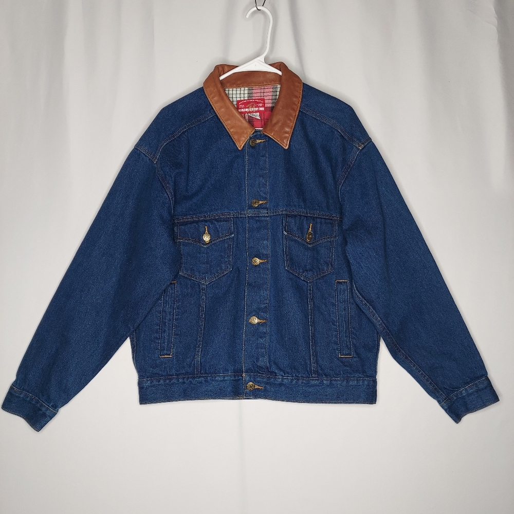 Vtg Marlboro Country Store Blue Denim Jacket Leather Collared Mens M 90s Trucker